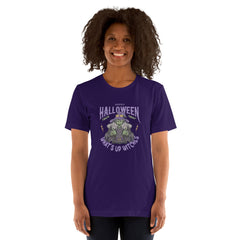 Unisex t-shirt with "What's up witches" design, featuring a Halloween print, soft and lightweight fabric.