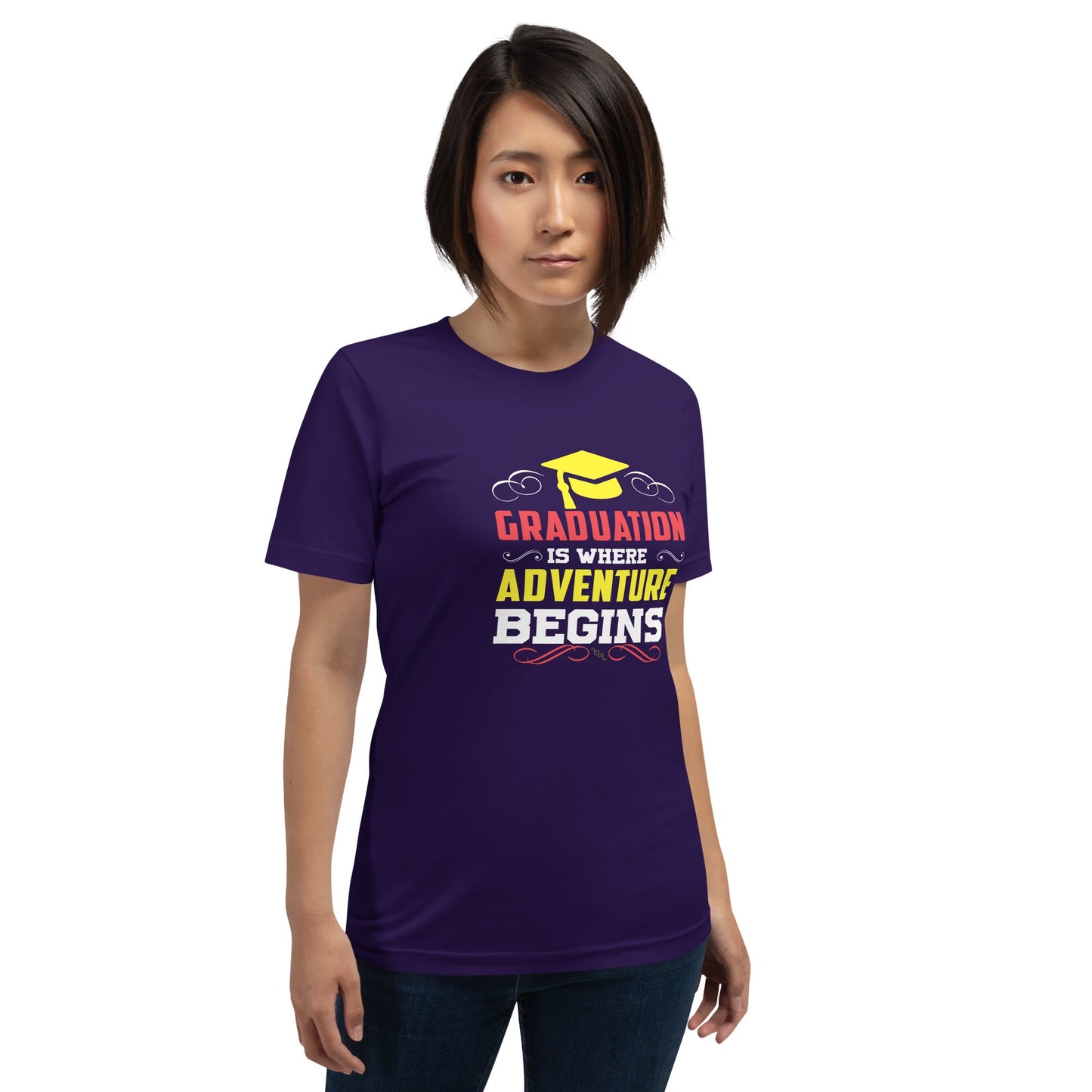 Unisex t-shirt with "Graduation is where adventure begins" design.