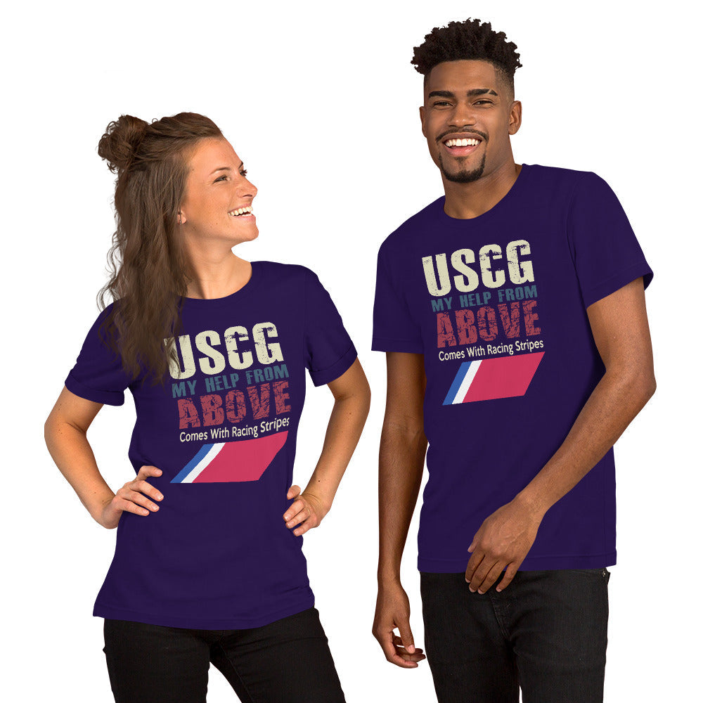 USCG "My Help From Above Comes with Racing Stripes" unisex t-shirt, worn by two people.