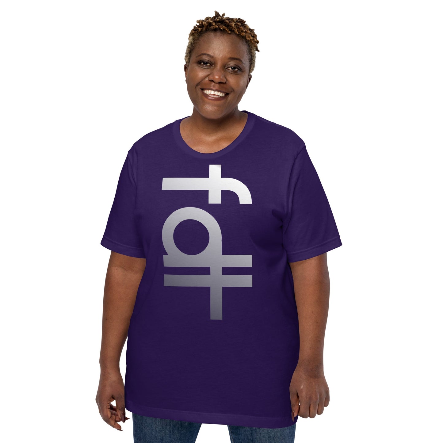 Unisex t-shirt with FDT portrait design, purple, soft and lightweight fabric, various sizes available.