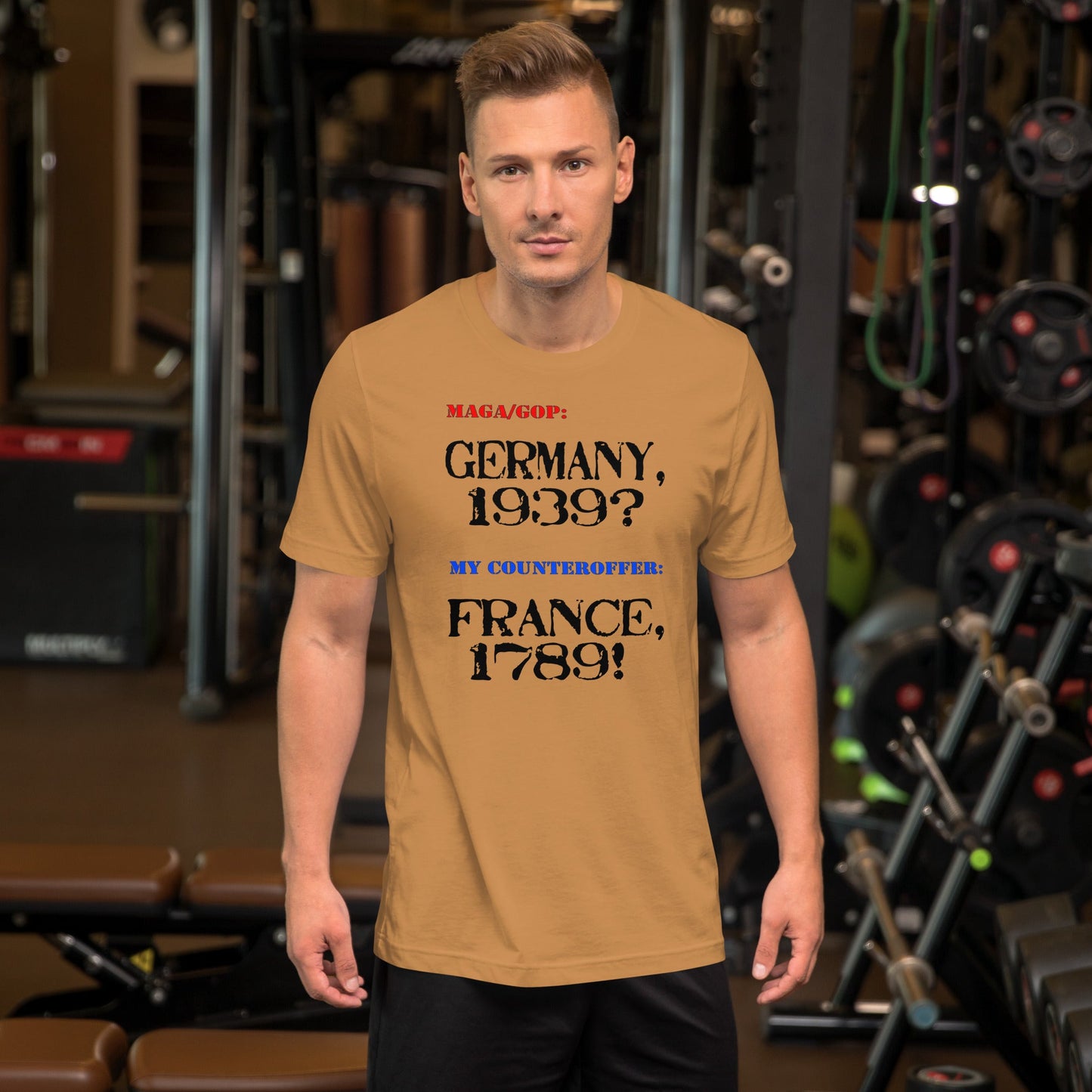 Unisex t-shirt with Germany and France text, worn by a man in a gym setting.