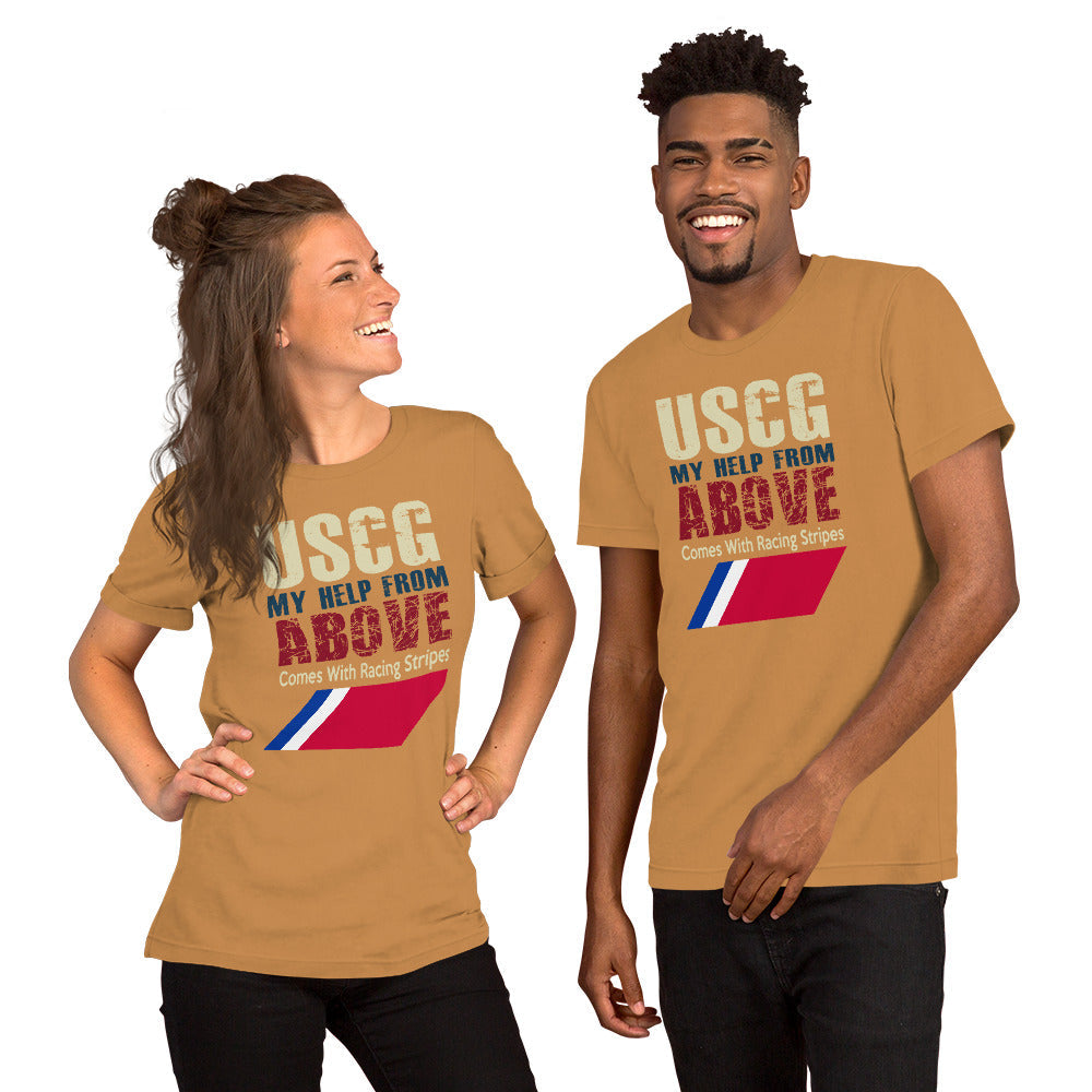 Unisex t-shirt with USCG design, featuring "My help from above comes with racing stripes" print.