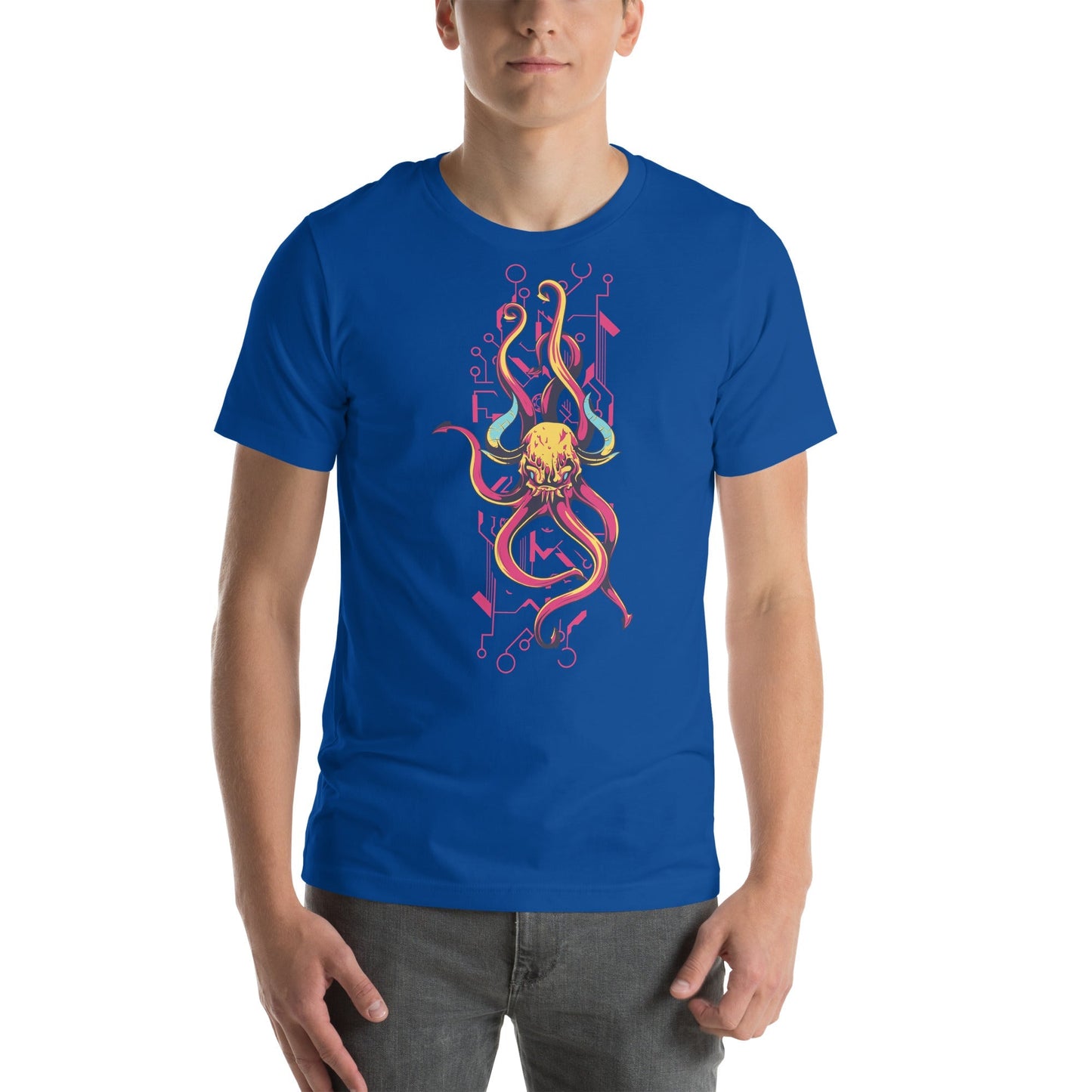 Demon skull t-shirt with horns and tentacles design on blue fabric.