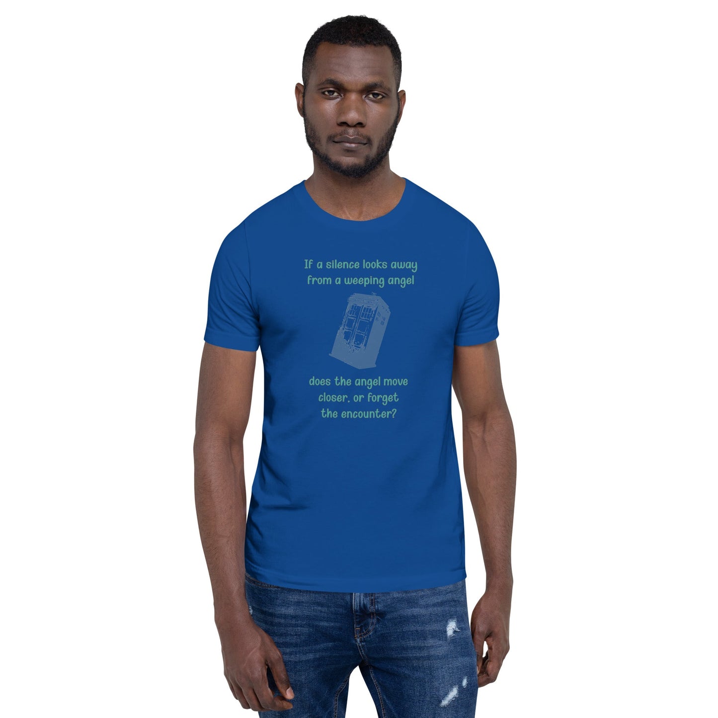 Dr Who Silence vs Weeping Angel unisex t-shirt featuring a silhouette of a Weeping Angel and a Silence, with a question mark design, in blue.