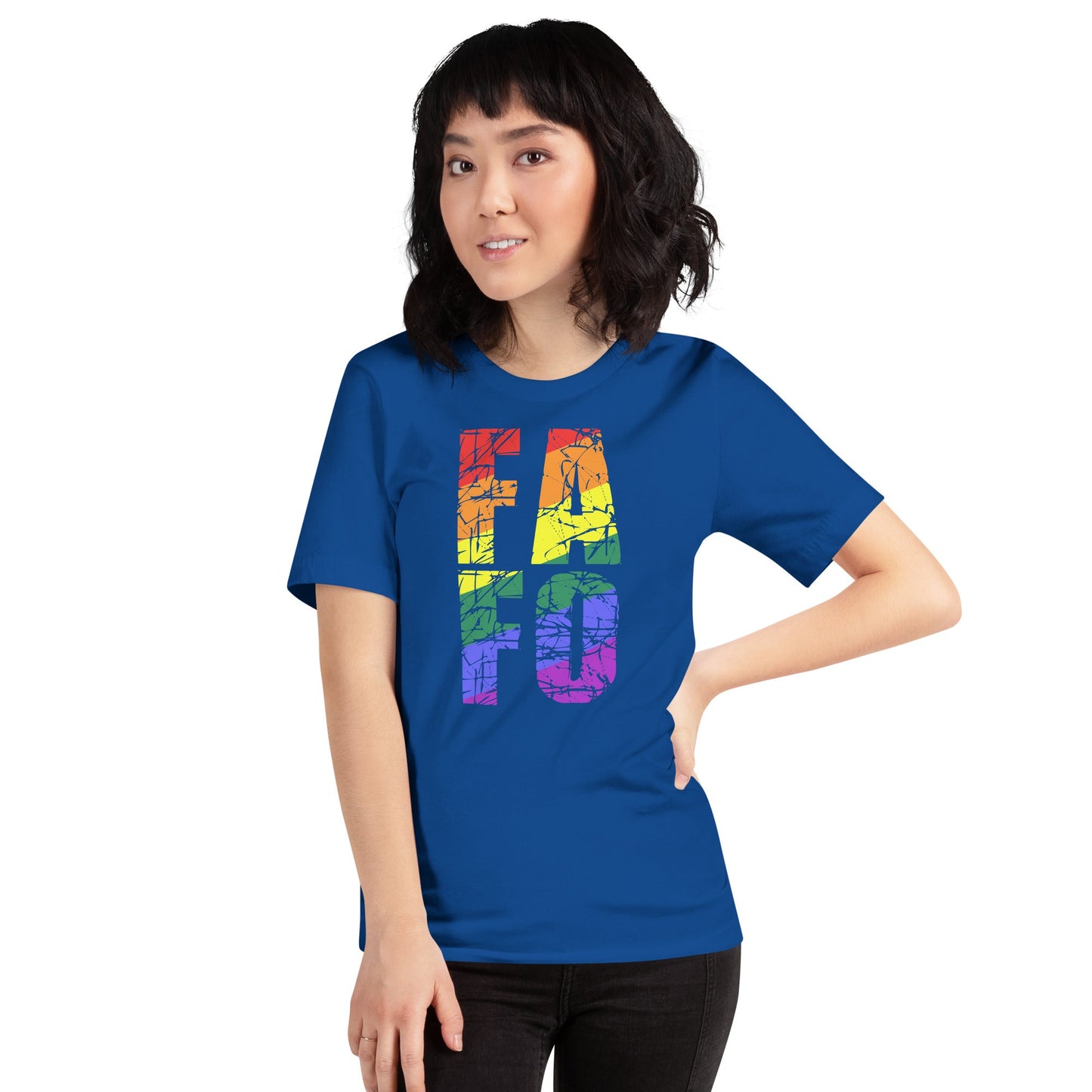 Unisex blue t-shirt with rainbow FAFO design, soft and lightweight with a comfortable fit.
