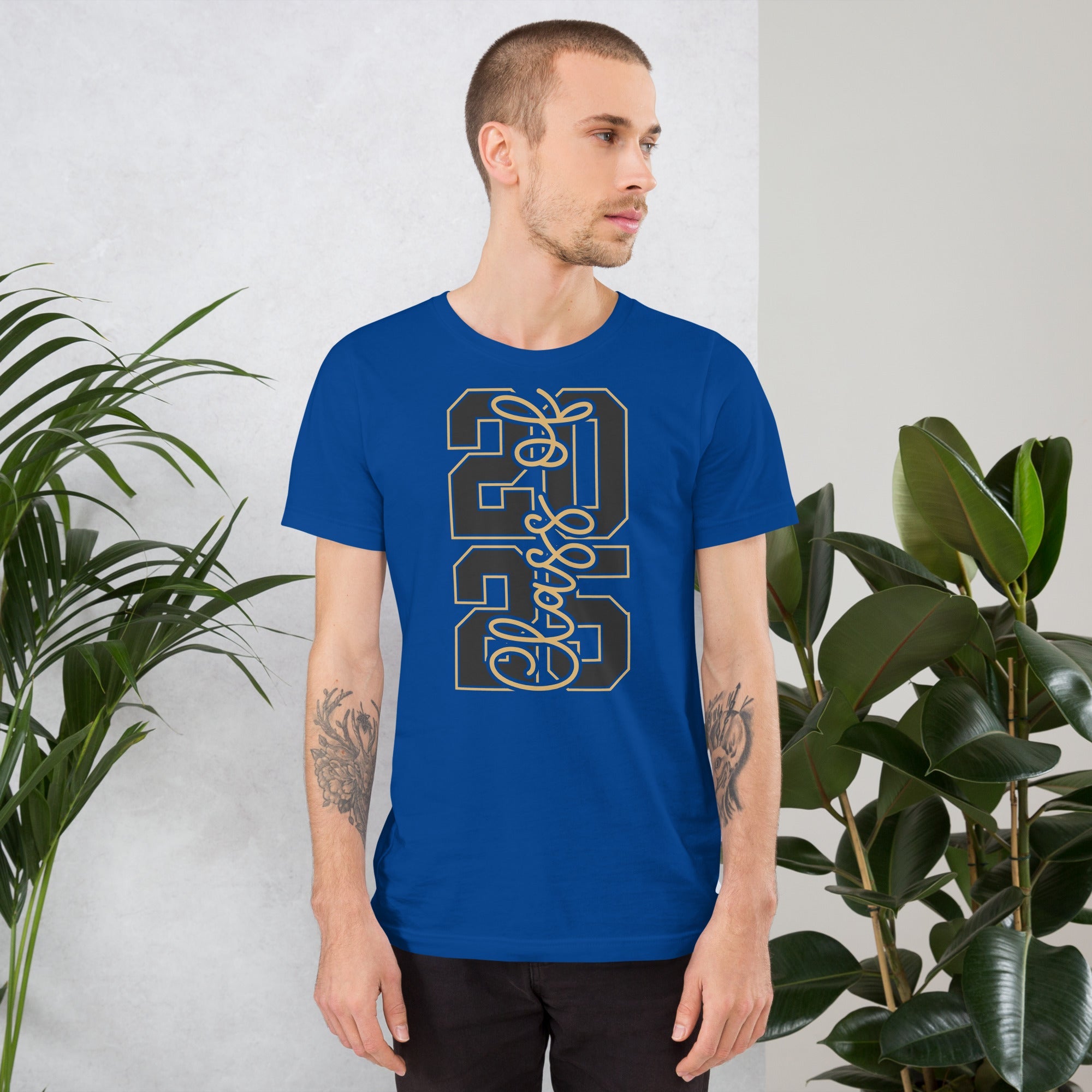 Unisex t-shirt with "Class of 2026" vertical design in blue, soft and lightweight.
