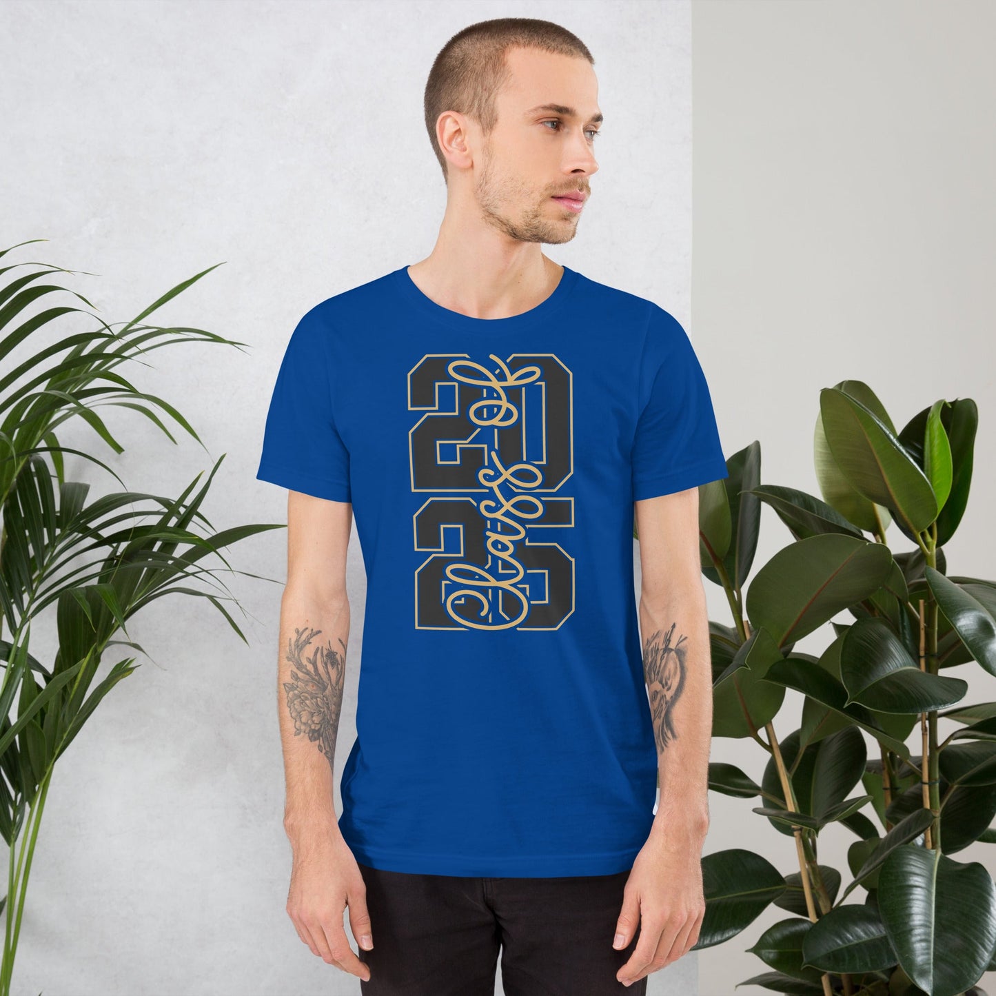 Unisex t-shirt with "Class of 2026" vertical design in blue, soft and lightweight.
