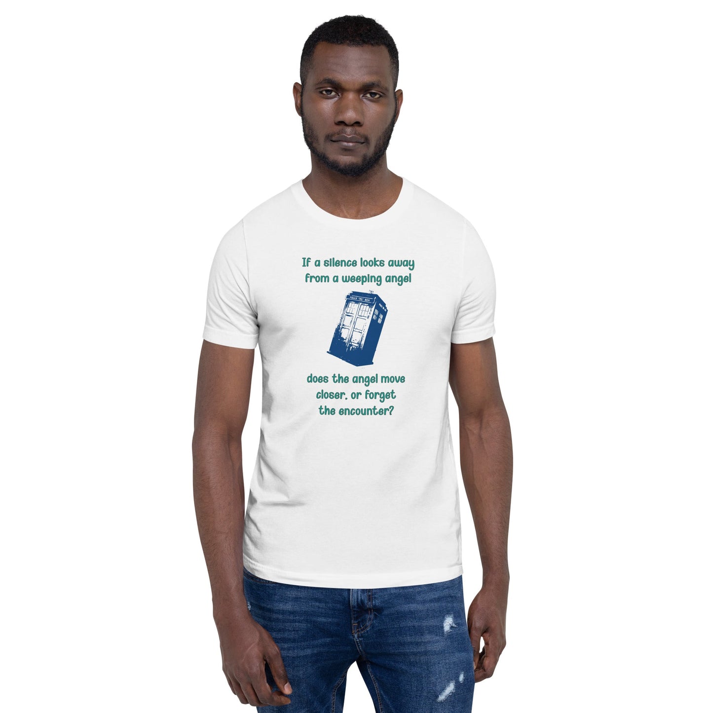 Dr Who Silence vs Weeping Angel unisex t-shirt featuring a design with a Silence and a Weeping Angel facing each other, perfect for fans.