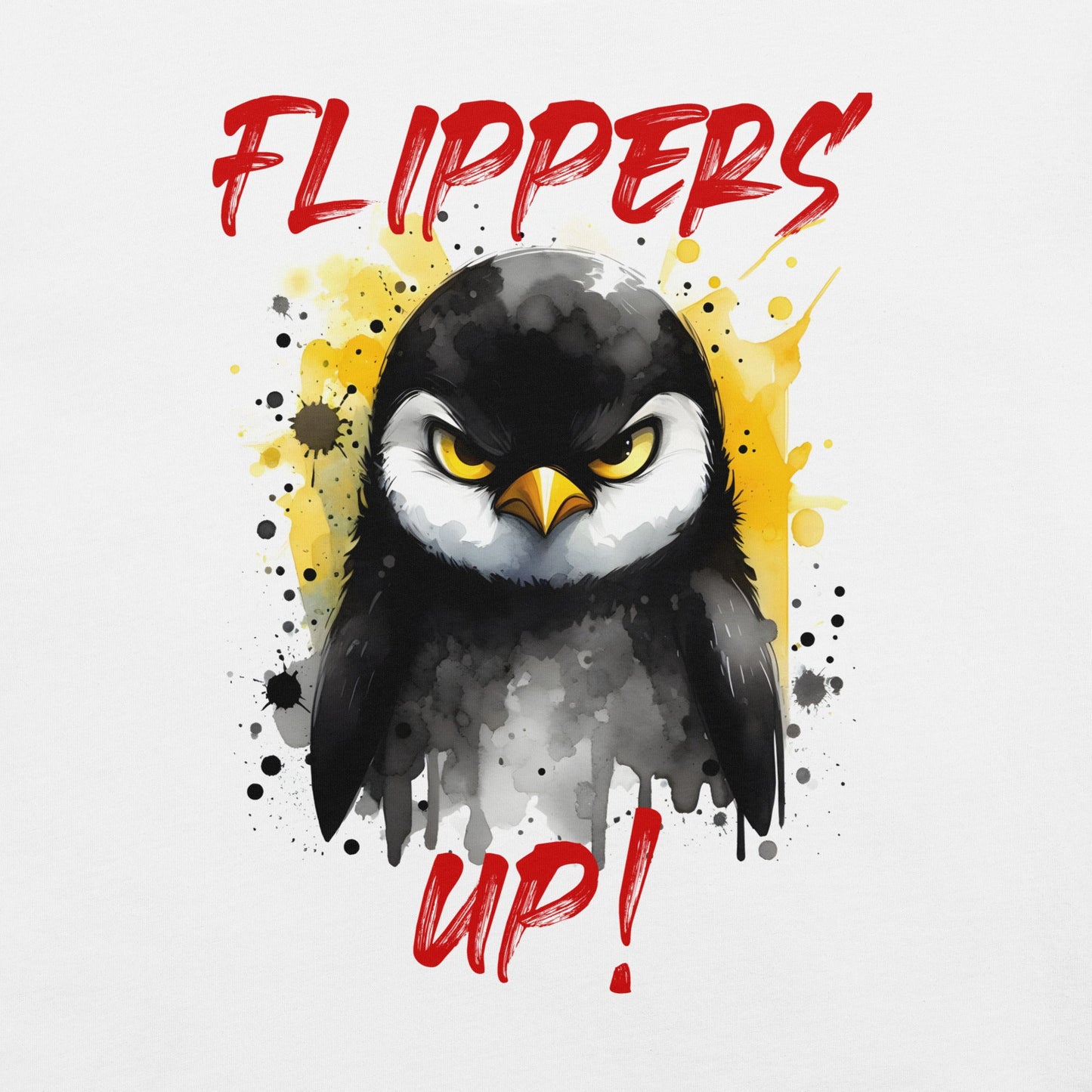 Flippers Up Unisex t-shirt featuring a stylized penguin design.