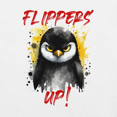 Flippers Up Unisex t-shirt featuring a stylized penguin design.