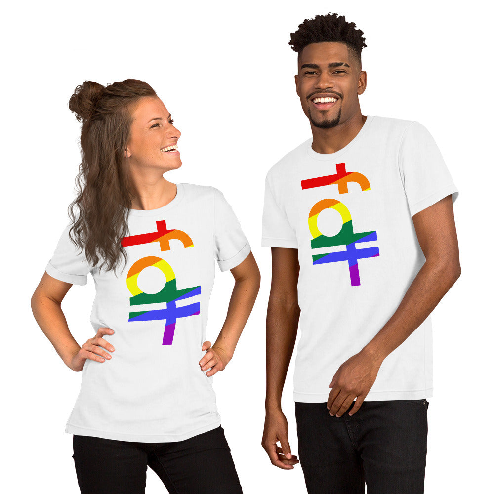 fdt pride colors unisex t-shirt with vibrant rainbow design, soft and lightweight fabric, worn by two models.