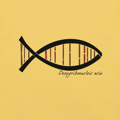Science DNA Fish Unisex T-shirt featuring DNA-inspired fish design on yellow fabric.