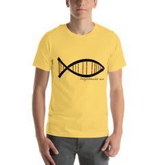 Yellow unisex t-shirt featuring a DNA strand designed as a fish symbol, highlighting a blend of science and style.