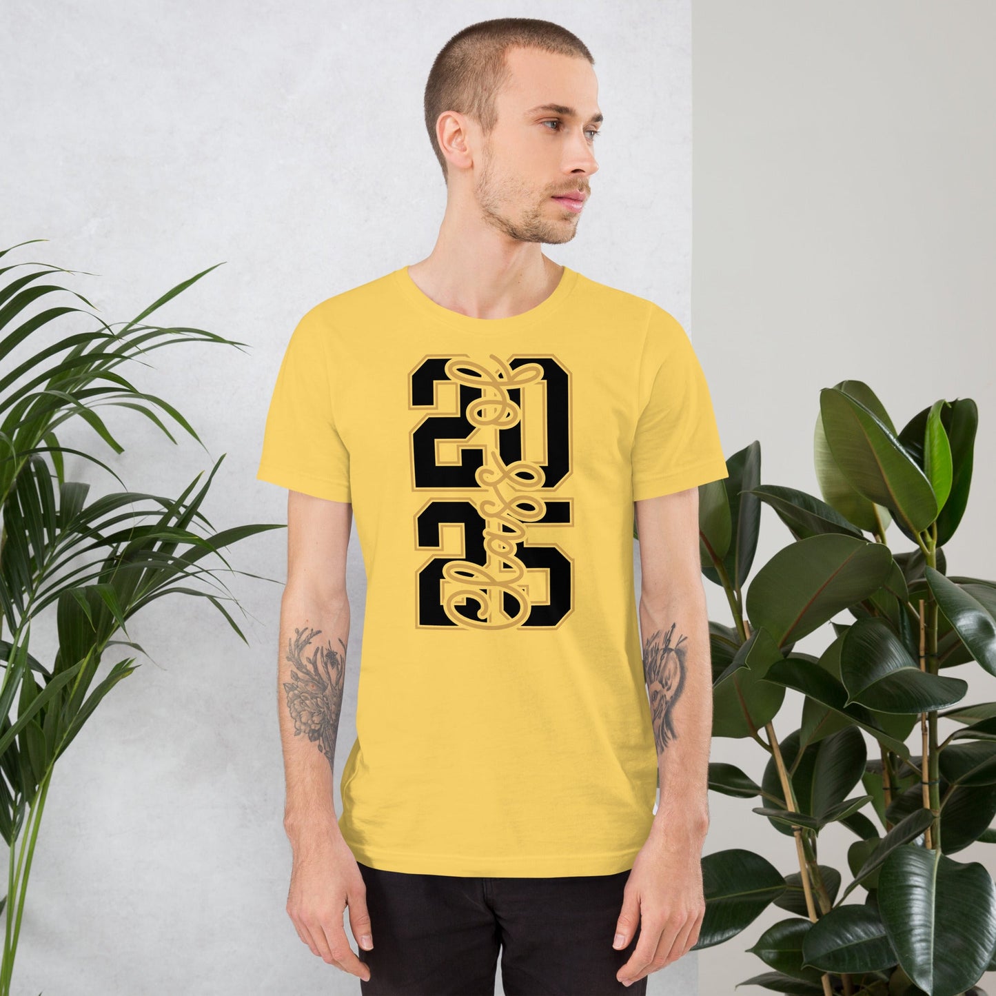 Unisex yellow t-shirt with vertical "Class of 2026" design.