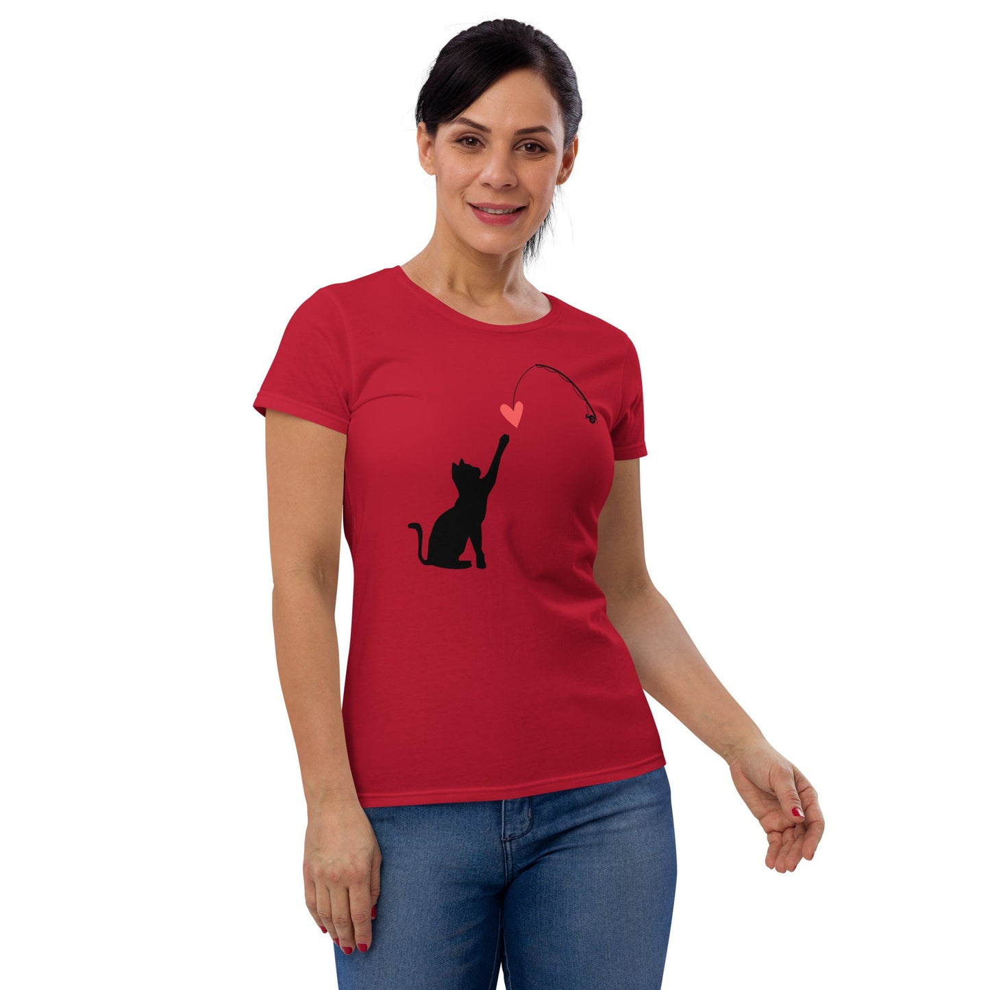 Cat Catching Heart design on women's black short sleeve t-shirt, 100% cotton, classic fit.