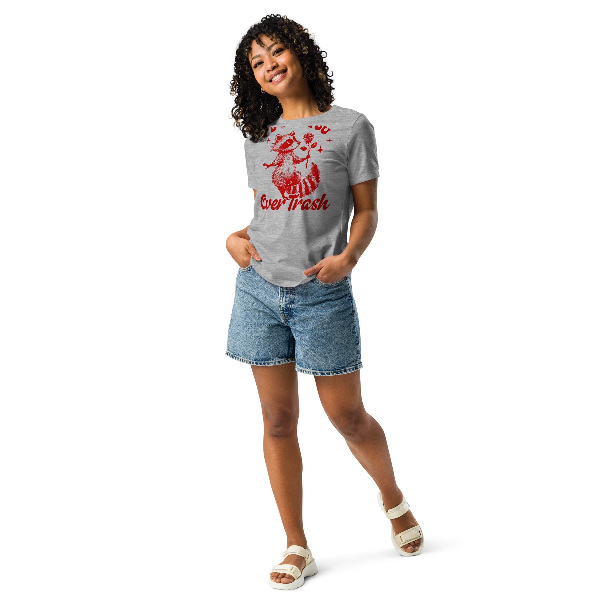 Red trash graphic women's relaxed t-shirt with a soft, comfortable fit.