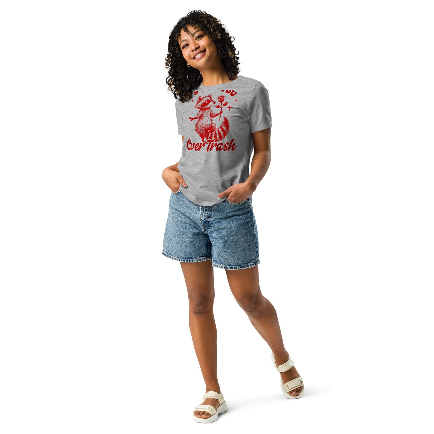 Red trash graphic women's relaxed t-shirt with a soft, comfortable fit.