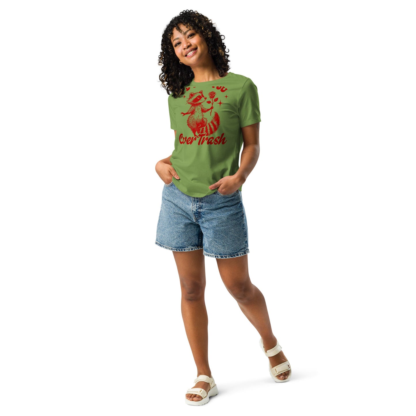 Red women's relaxed t-shirt with "I'd Pick You Over Trash" text and raccoon graphic.