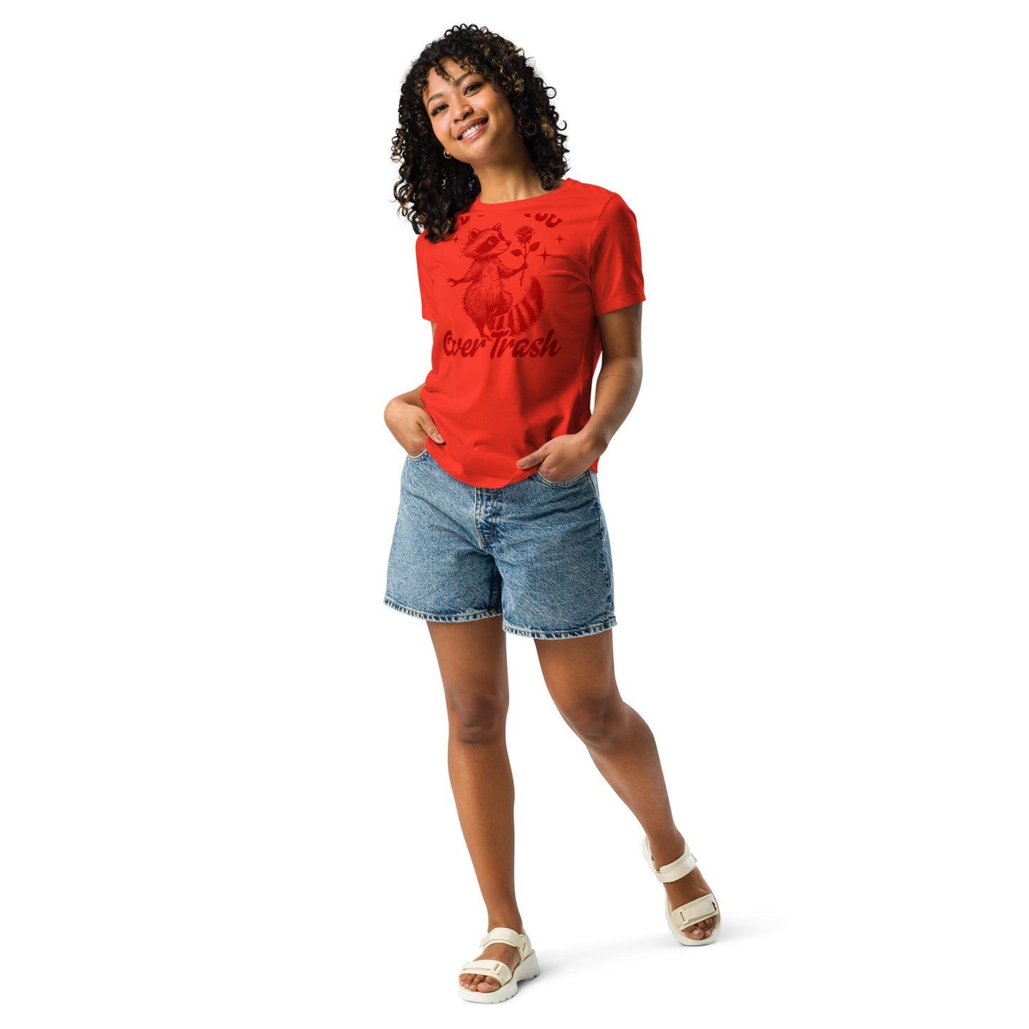 Red women's relaxed t-shirt with "I'd Pick You Over Trash" design.