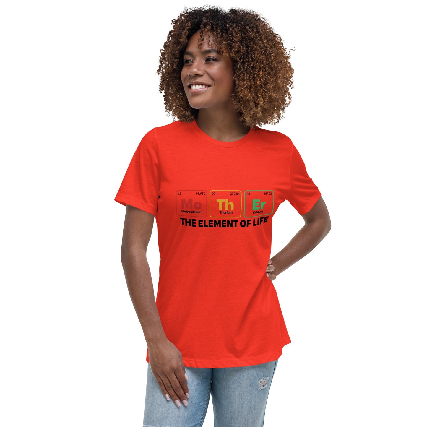 Women's relaxed t-shirt in vibrant red with "Mother - the Element of Life" printed on the front, casual style.