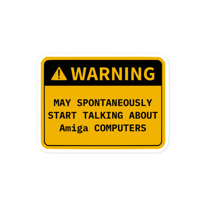 Retro OS warning sticker humorously cautioning about spontaneously start talking technical OS topics