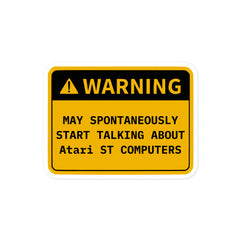 Retro OS warning sticker that says "May Spontaneously Start Talking" about technical OS topics