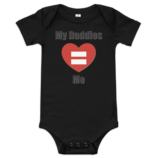 Baby short sleeve black bodysuit with "My Daddies Love Me" and red heart design.