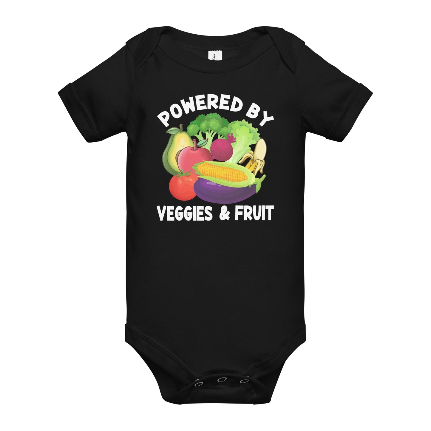 Black baby one piece with veggie and fruit design and "Powered by Veggies & Fruit" text.