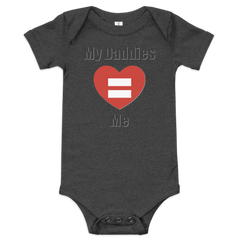 Baby short sleeve one-piece with red heart and equal sign, "My Daddies Love Me" text.