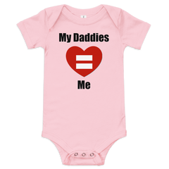 My Daddies Love Me baby short sleeve bodysuit with heart and equal sign design.