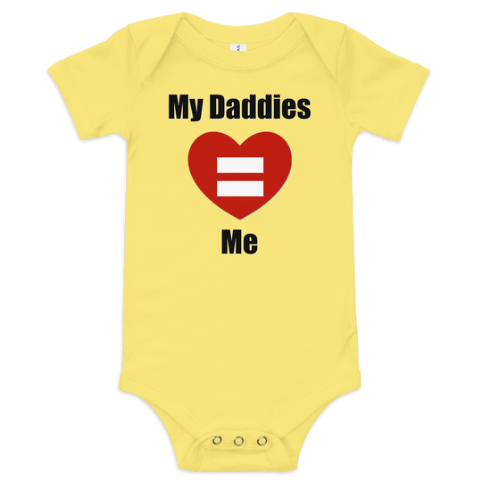 Cute baby short sleeve bodysuit with "My Daddies Love Me" text and heart design.
