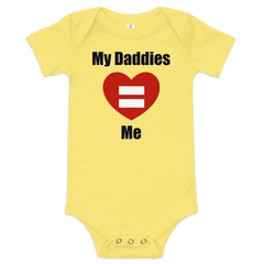 Cute baby short sleeve bodysuit with "My Daddies Love Me" text and heart design.