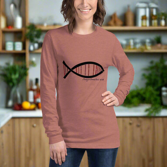 Science DNA Fish Unisex Long Sleeve Tee with DNA fish design in a kitchen setting.