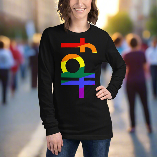 Unisex long sleeve tee in pride colors, featuring bold "fdt" design, perfect for casual or professional settings.