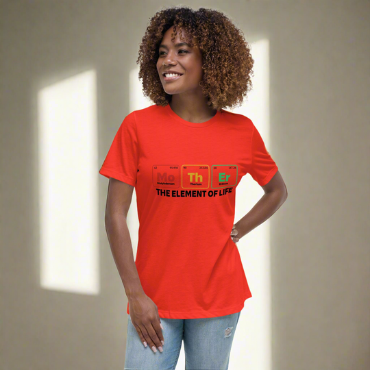 Women's relaxed red t-shirt with "Mother - the Element of Life" design, showcased by a smiling model.
