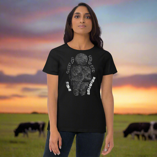 Women's short sleeve T-shirt with Venus of Willendorf graphic at sunset.