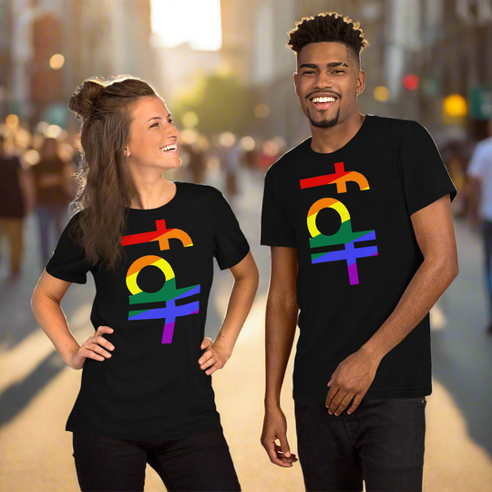 Unisex t-shirt with fdt pride colors design, worn by a smiling couple in an urban setting.
