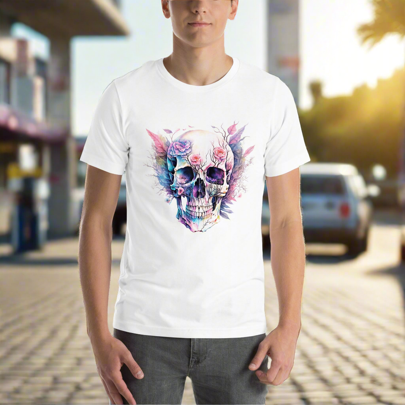 Floral Skull Unisex t-shirt featuring an intricate skull and floral design.