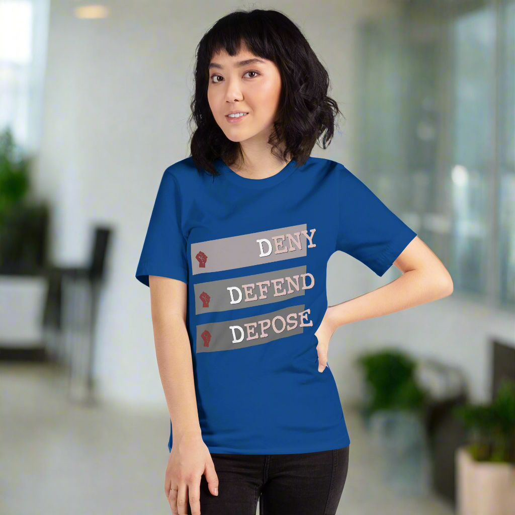 Deny Defend Depose Unisex t-shirt with resist design featuring angled gray bars and red fist motif.