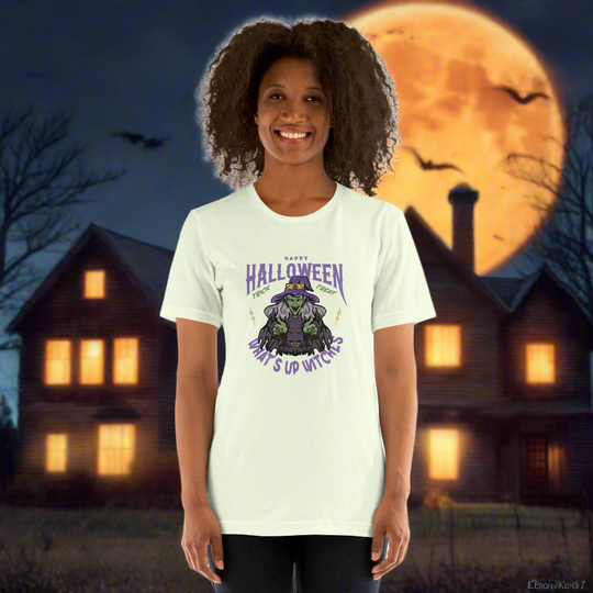 Unisex t-shirt with "What's up witches" design, perfect for Halloween.