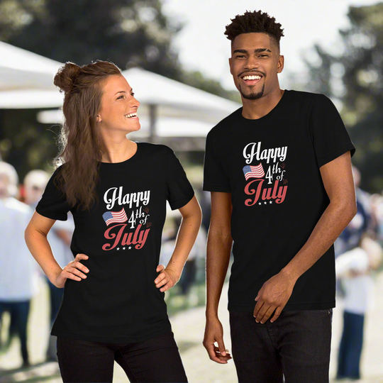 Unisex t-shirt featuring "Happy Fourth of July" design, perfect for Independence Day celebrations.