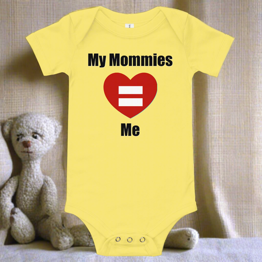 Baby short sleeve one-piece with "My Mommies Love Me" and heart design.