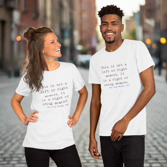 Unisex t-shirt with quote from Senator Cory Booker's 2025 speech, worn by two models.
