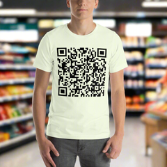 QR Code Surprise Unisex t-shirt with large QR code design in a store setting.