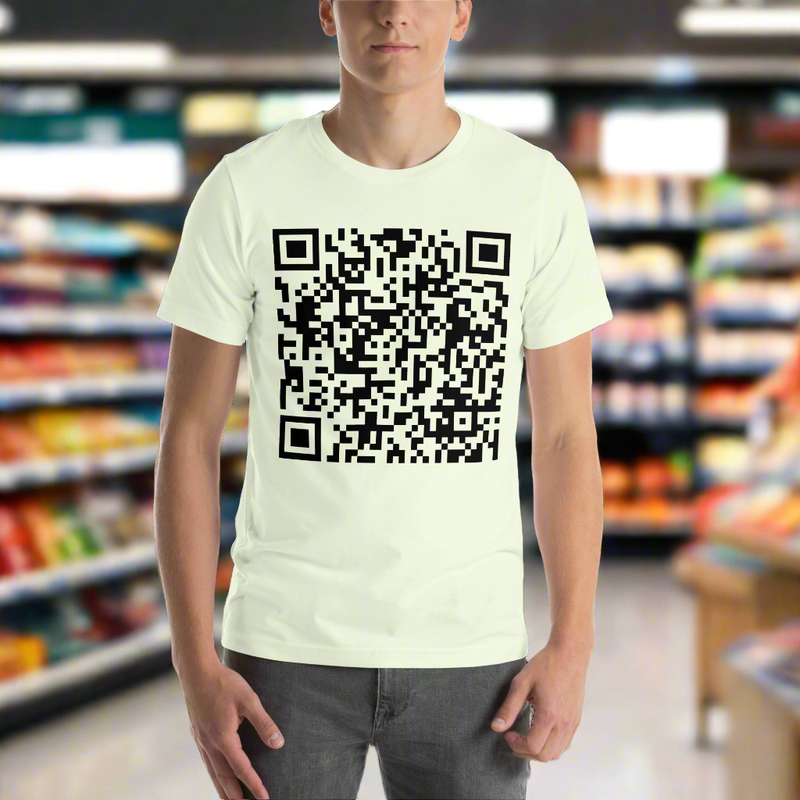 QR Code Surprise Unisex t-shirt with large QR code design in a store setting.