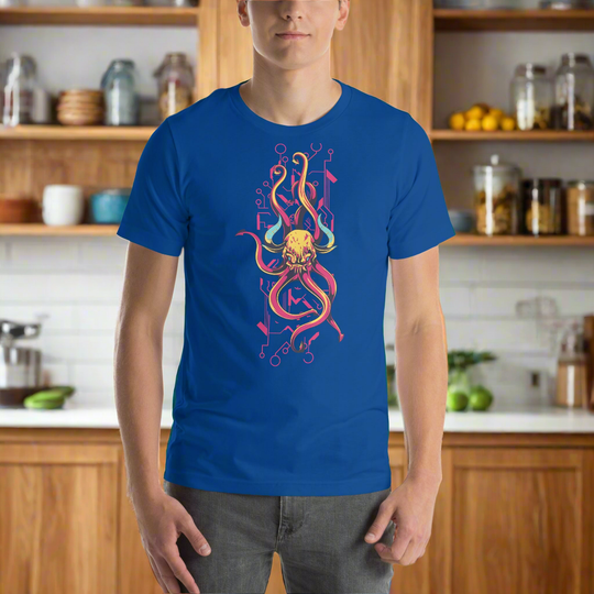 Demon Skull with horns and tentacles design on blue unisex T-shirt.
