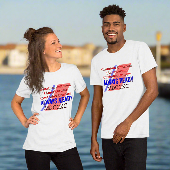 Coast Guard Reversed Text Unisex t-shirt featuring Latin translation with "Always Ready" motto and Roman numerals, worn by two people outdoors.