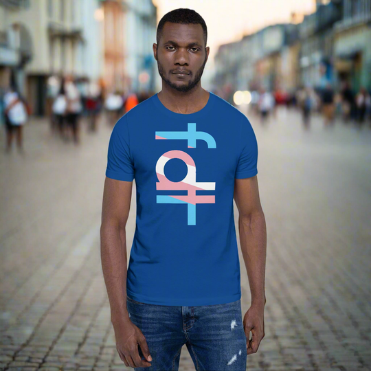 Unisex t-shirt featuring trans flag colors design worn by a person on a street background.