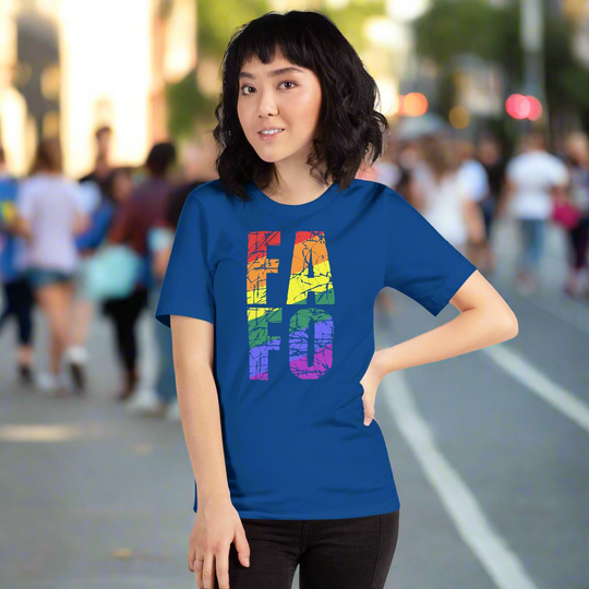 Rainbow FAFO unisex t-shirt with colorful text design, worn by person outdoors.