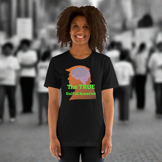 The TRUE Gulf of America unisex t-shirt in black with brain and heart design.